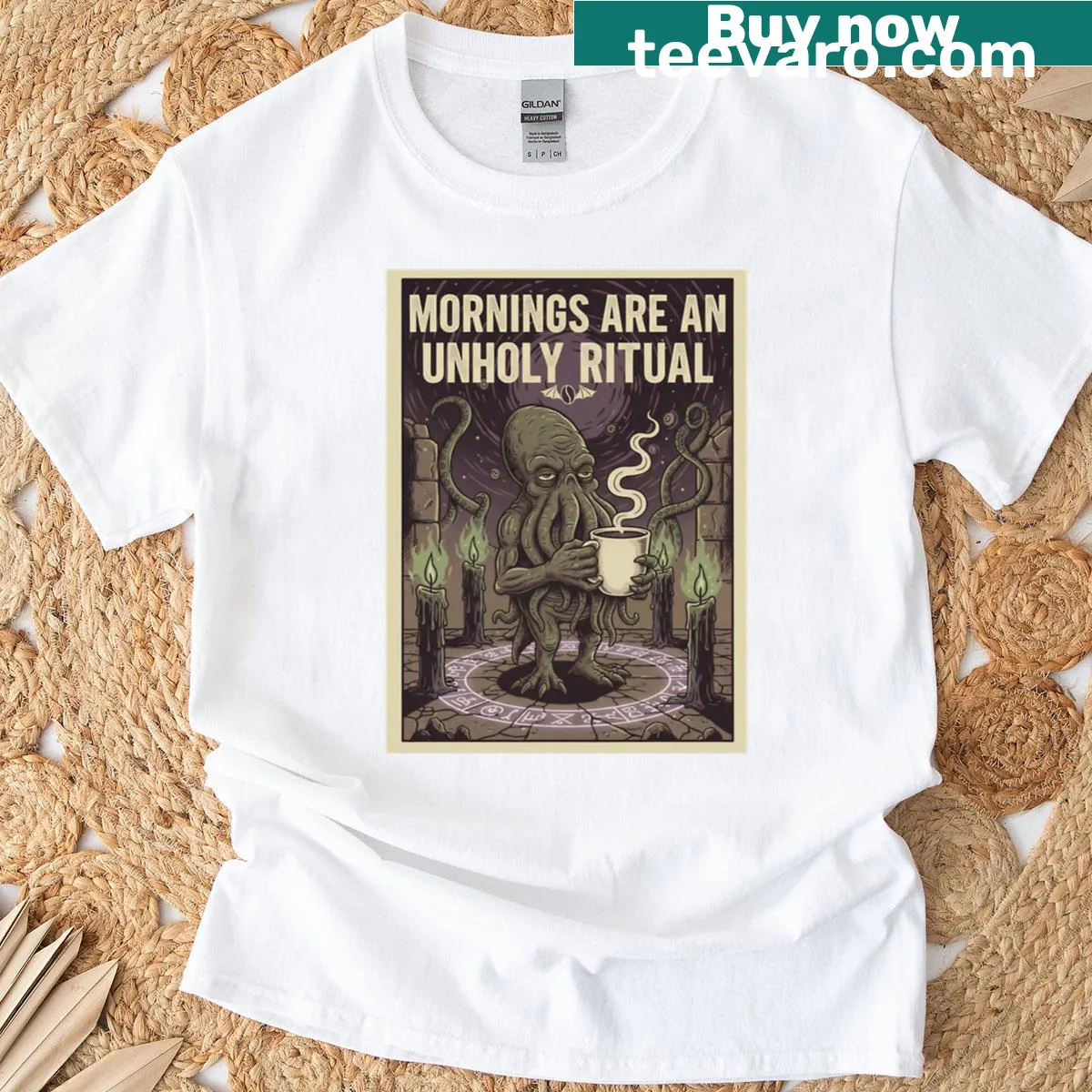 Cthulhu-themed t-shirt featuring a humorous coffee break graphic — on a men's t-shirt