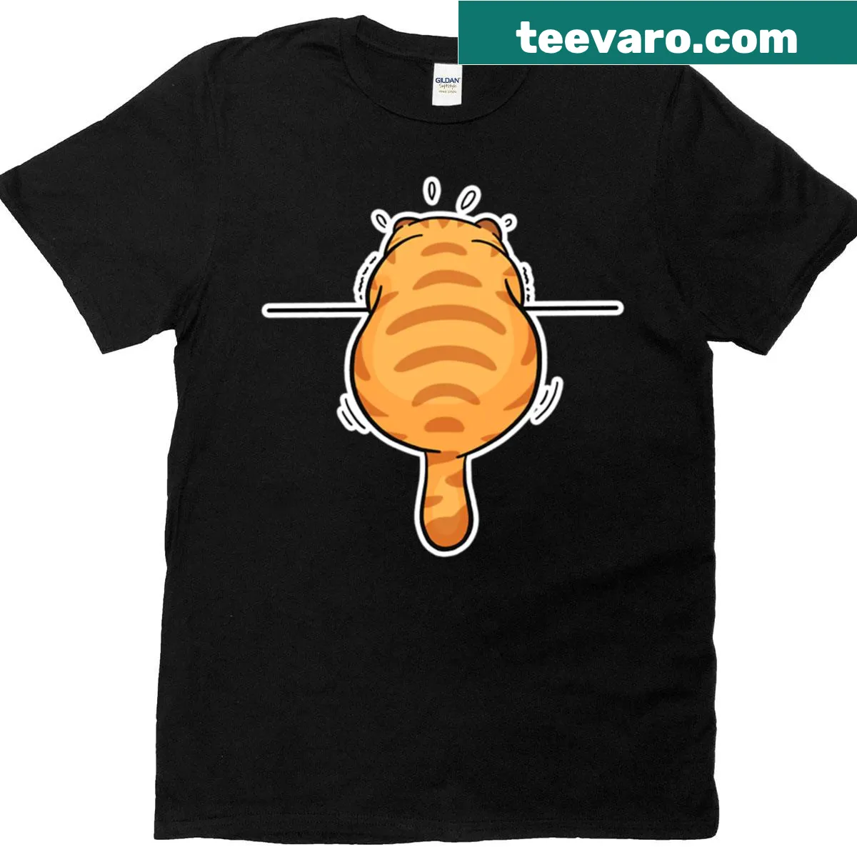 Funny cat hanging on a fence graphic t-shirt — on a men's t-shirt