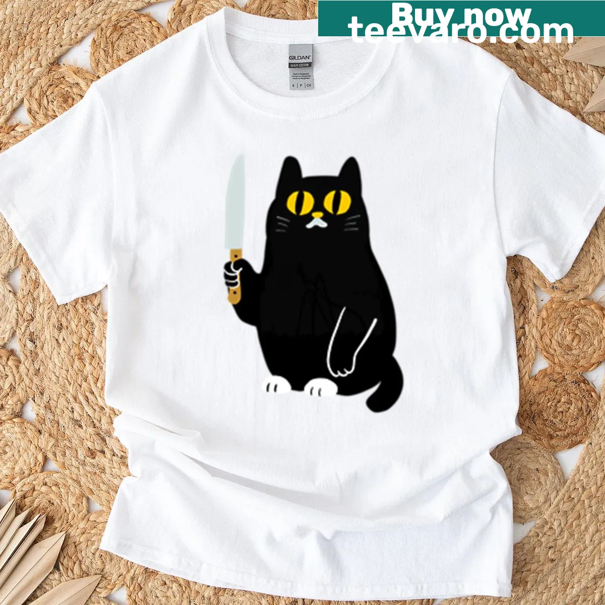 Illustration of a cute cat holding a knife on a t-shirt — on a men's t-shirt