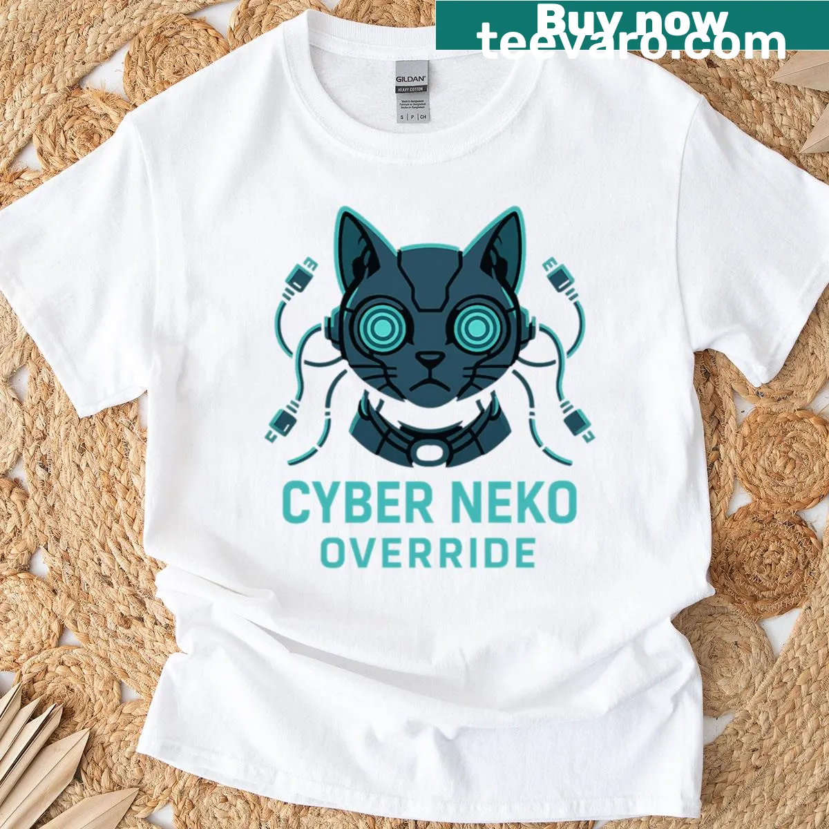 Cartoon cat in techwear design on a T-shirt — on a men's t-shirt