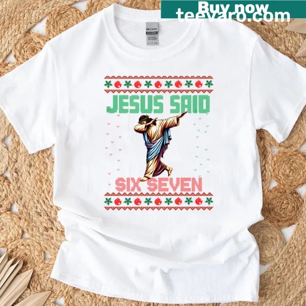 Dabbing Santa graphic with 'Six Seven 67' text on an Ugly Christmas T-shirt