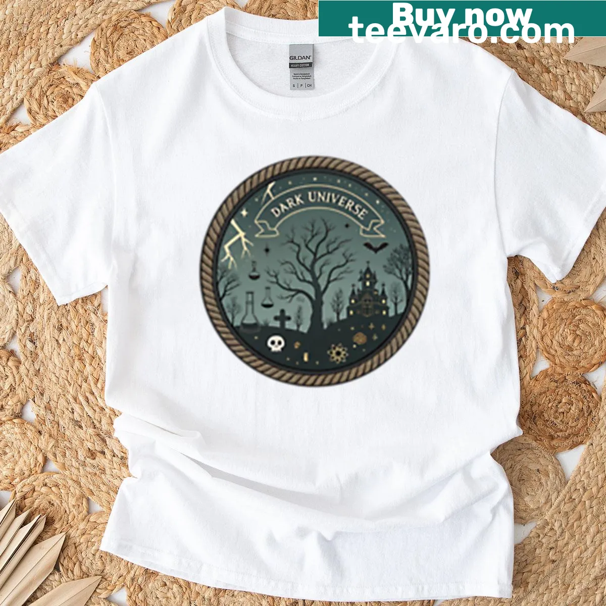 Bold typography t-shirt displaying the Dark Universe logo — on a men's t-shirt
