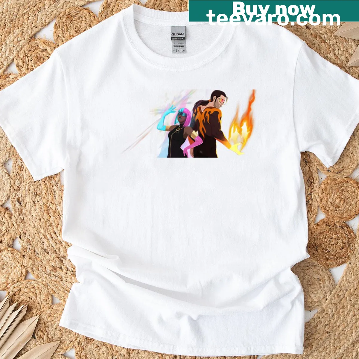 T-shirt with whimsical gaming characters and prism effects — on a men's t-shirt