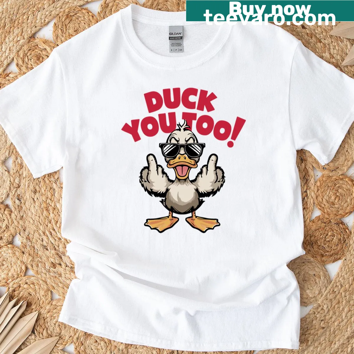 Cartoon duck with middle finger graphic on a funny T-shirt — on a men's t-shirt