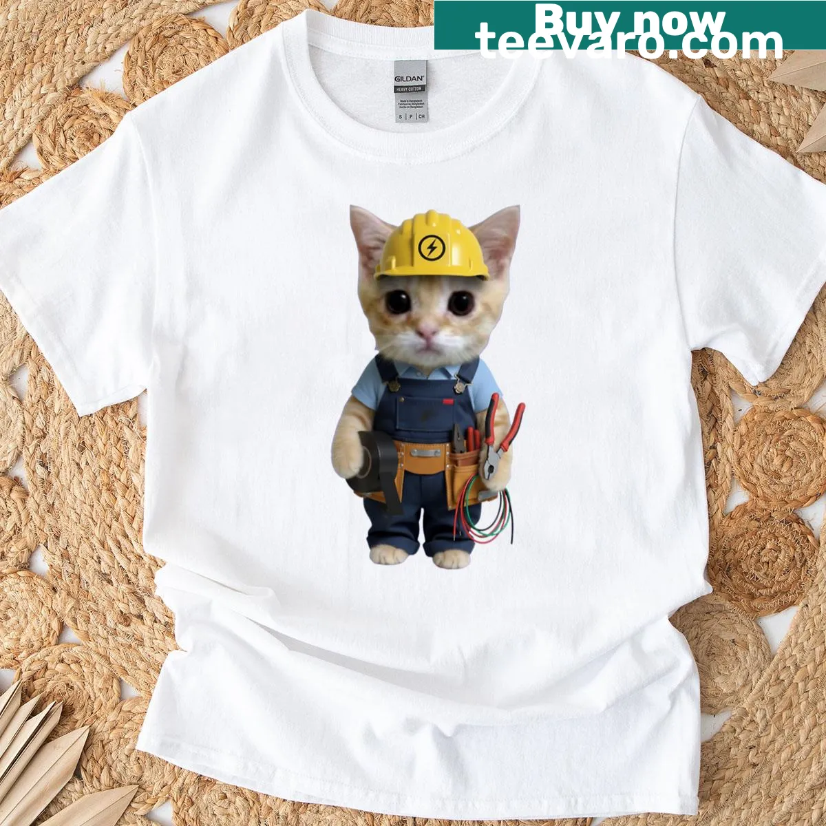 Oversized T-shirt with a funny electrician cat graphic — on a men's t-shirt