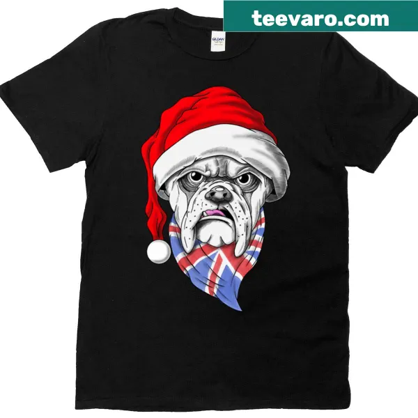 English Bulldog dressed as Santa illustration on Christmas T-shirt