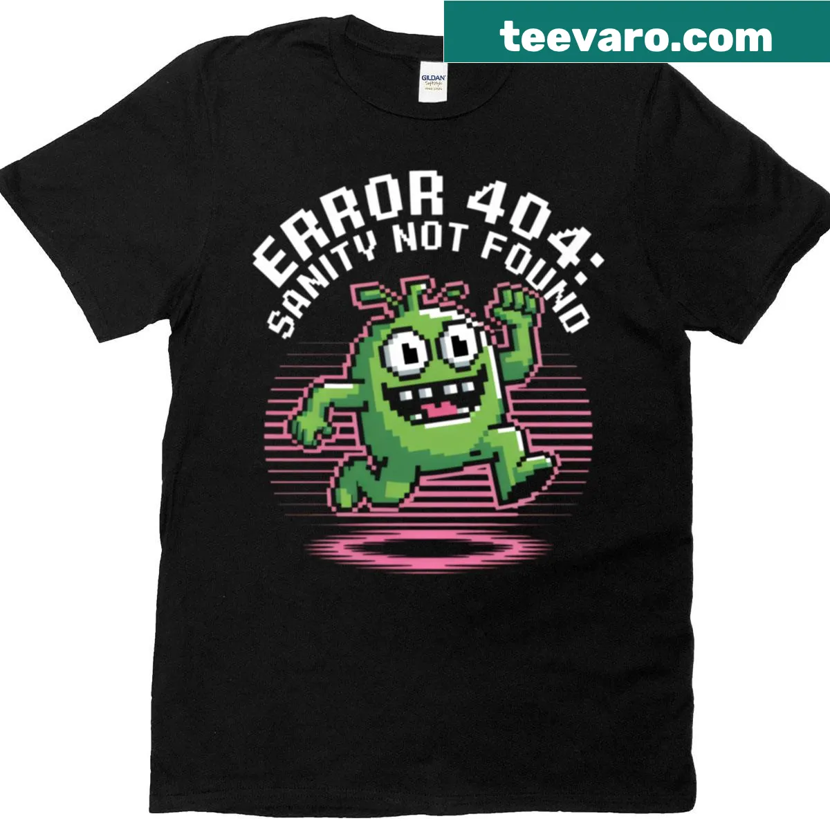Pixelated monster design on 'Error 404 Sanity Not Found' T-shirt — on a men's t-shirt