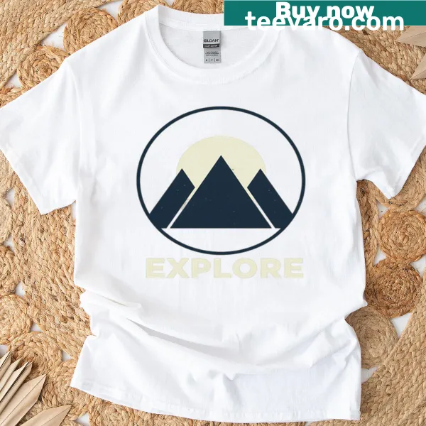 Retro T-shirt with a geometric mountain and sun adventure logo