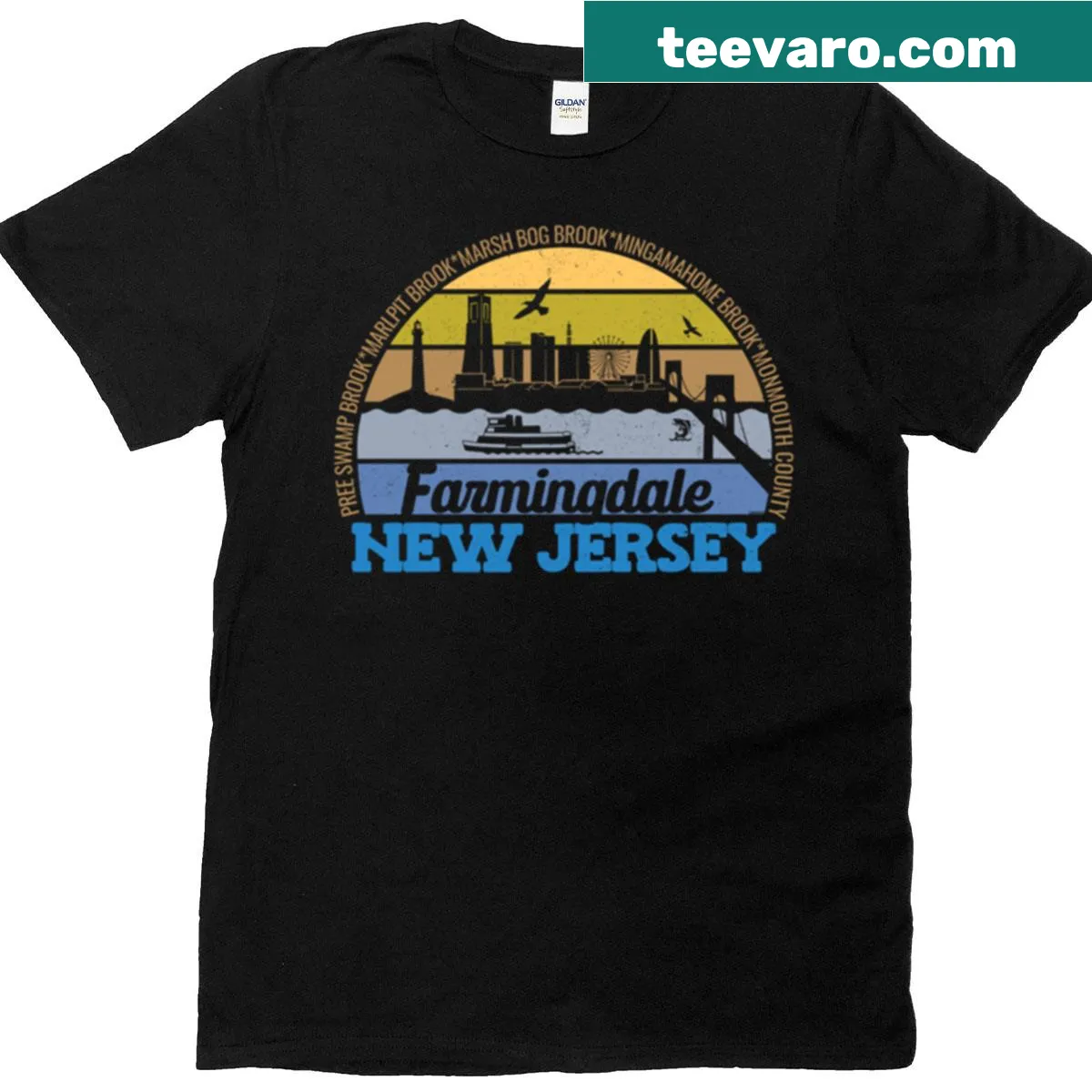 Vintage-style t-shirt with Farmingdale NJ sunset graphic and local pride logo — on a men's t-shirt