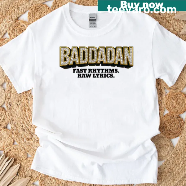 T-shirt with bold typography displaying the phrase Fast Rhythms Raw Lyrics