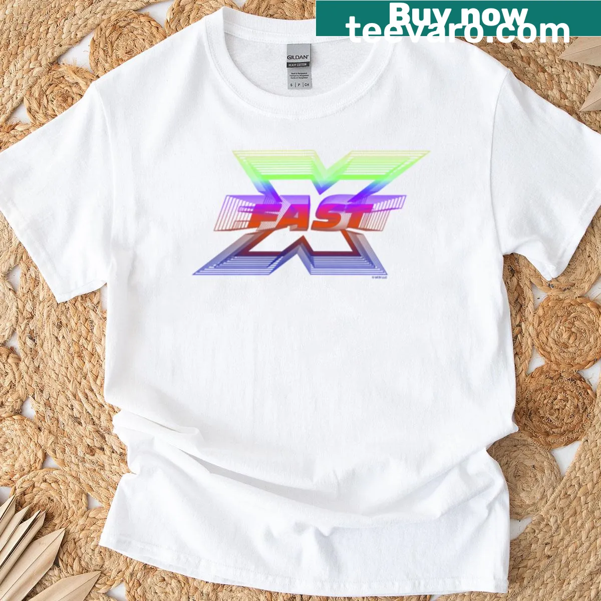 Fast X logo T-shirt with neon rainbow gradient design — on a men's t-shirt