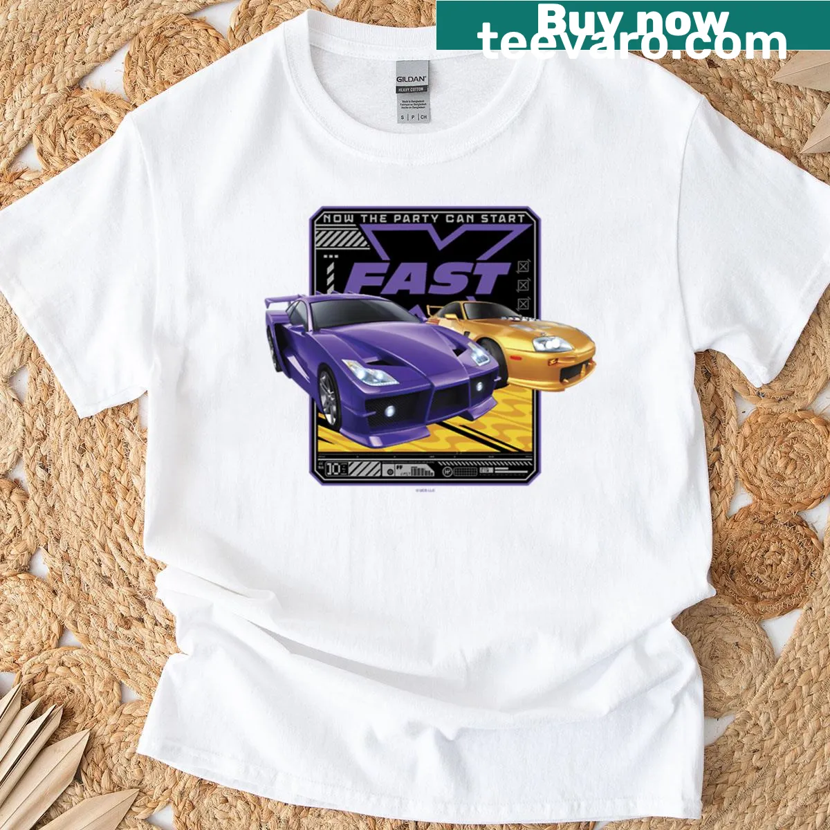 Fast X logo t-shirt with the phrase 'Now The Party Can Start' — on a men's t-shirt