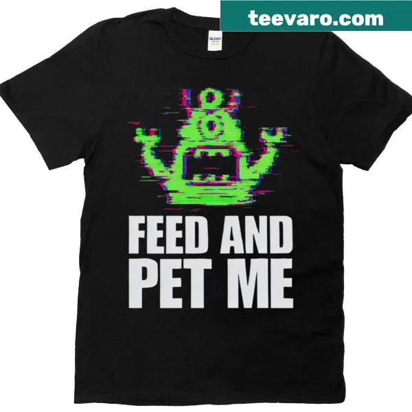 Oversized tee with a pixel monster glitch design urging to feed and pet.