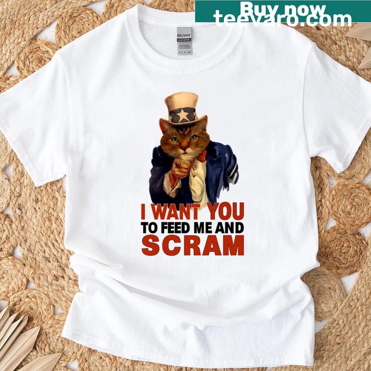 Playful T-shirt with 'Feed Scram' text design — on a men's t-shirt
