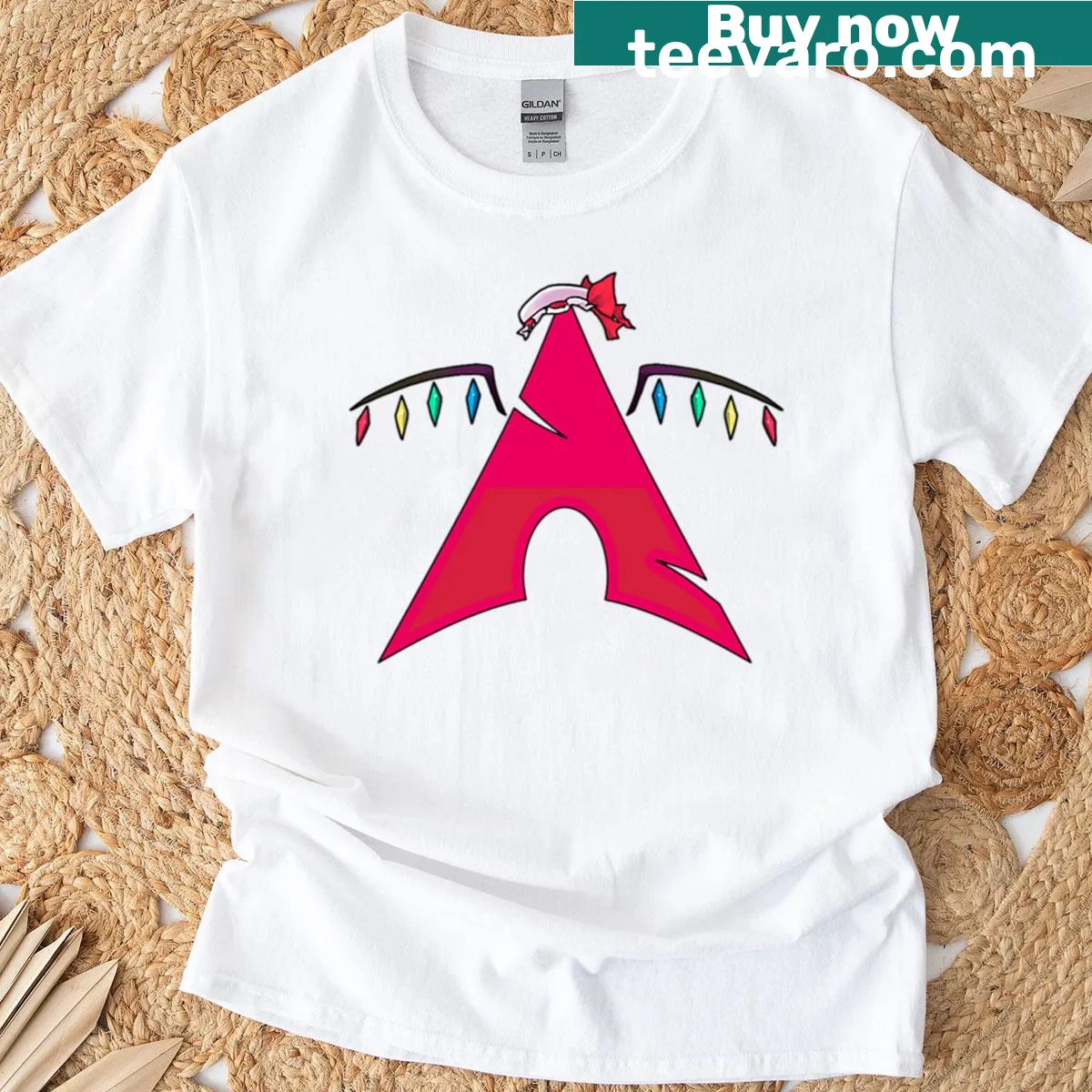 Oversized T-shirt featuring Flandre Scarlet and Arch Linux logo illustration — on a men's t-shirt