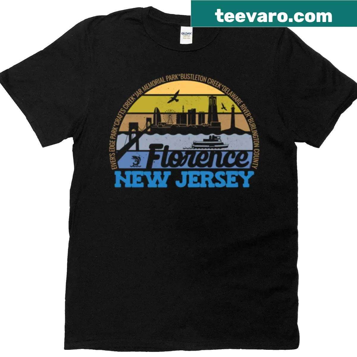 Retro vintage Florence NJ sunset logo t-shirt — on a men's t-shirt