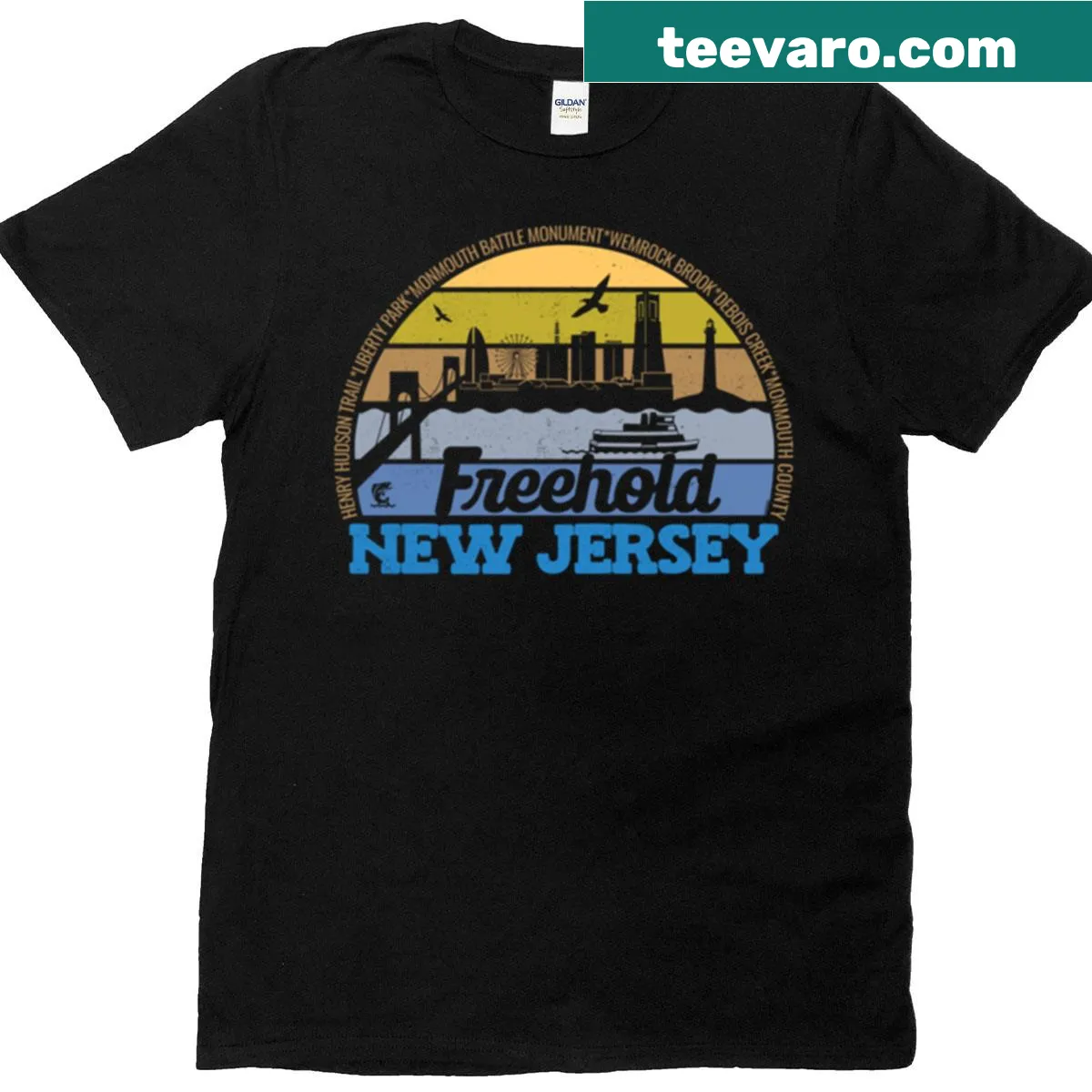 Retro vintage logo t-shirt representing Freehold, New Jersey — on a men's t-shirt