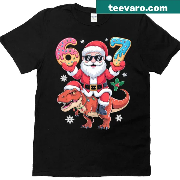 Christmas T-shirt featuring Santa riding a dinosaur design