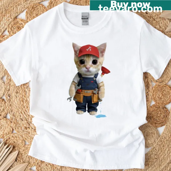 Cute T-shirt featuring a cat dressed as a plumber with tools