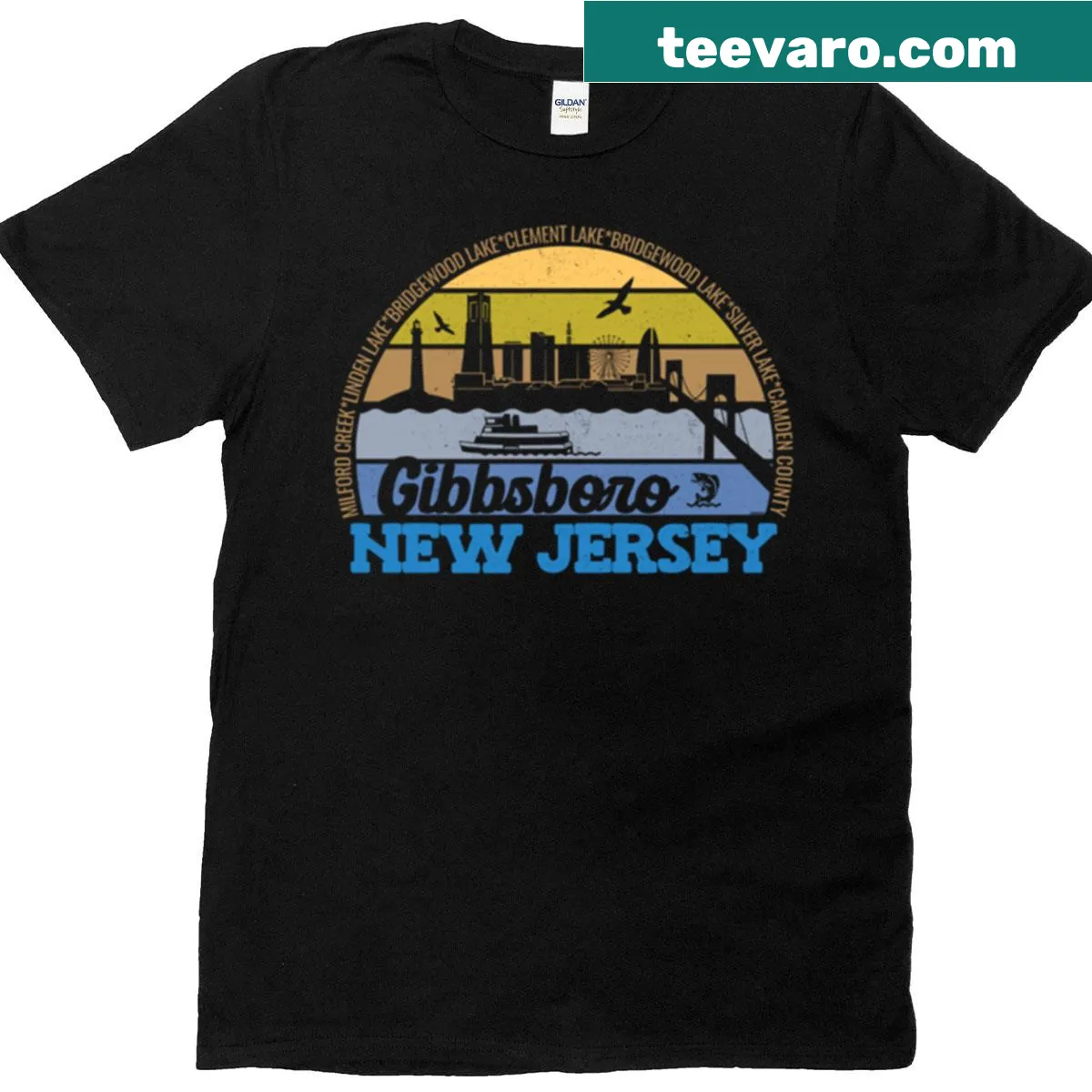 Retro vintage Gibbsboro NJ sunset logo t-shirt — on a men's t-shirt