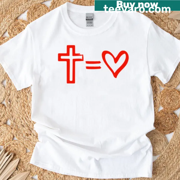 T-shirt featuring a cross and heart design symbolizing God is love