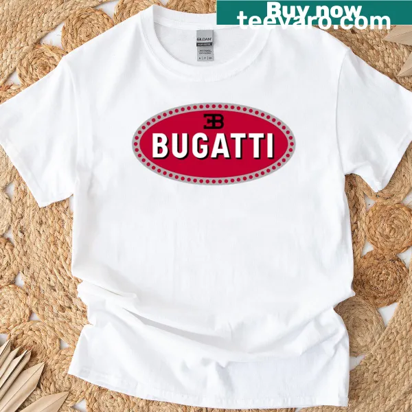 T-shirt featuring a golden Bugatti against a sunset backdrop
