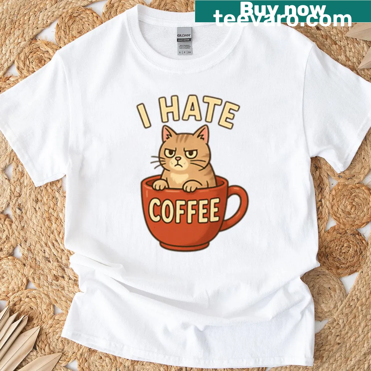 Funny T-shirt featuring grumpy cat in coffee mug illustration — on a men's t-shirt
