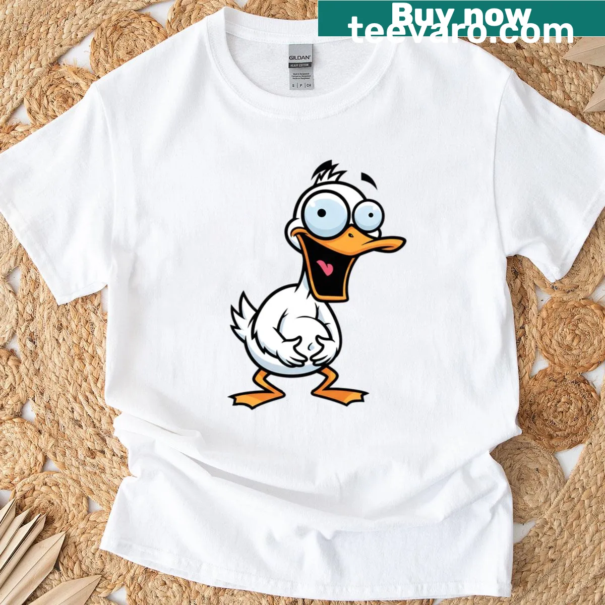 Cartoon duck with big eyes printed on a T-shirt — on a men's t-shirt
