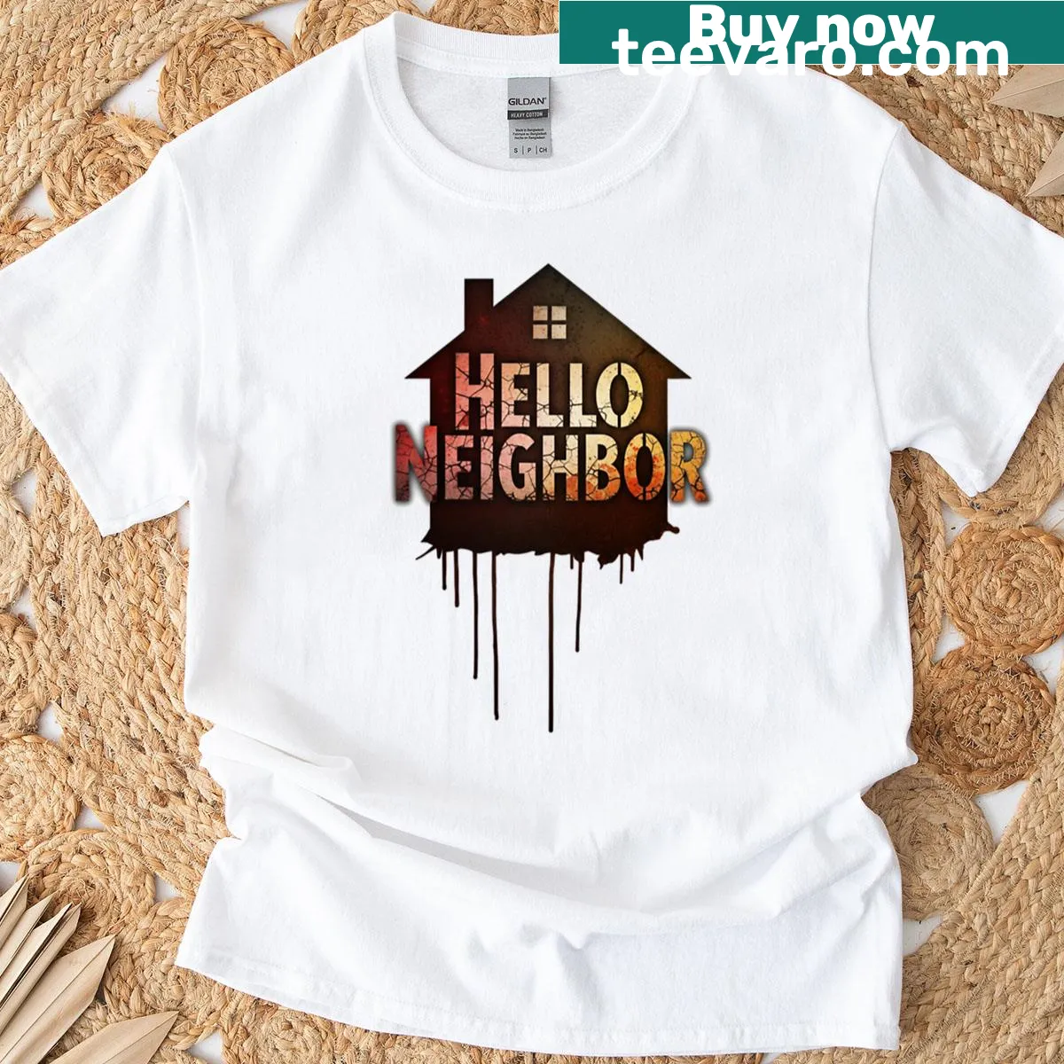 T-shirt featuring Hello Neighbor fan art and game logo design — on a men's t-shirt