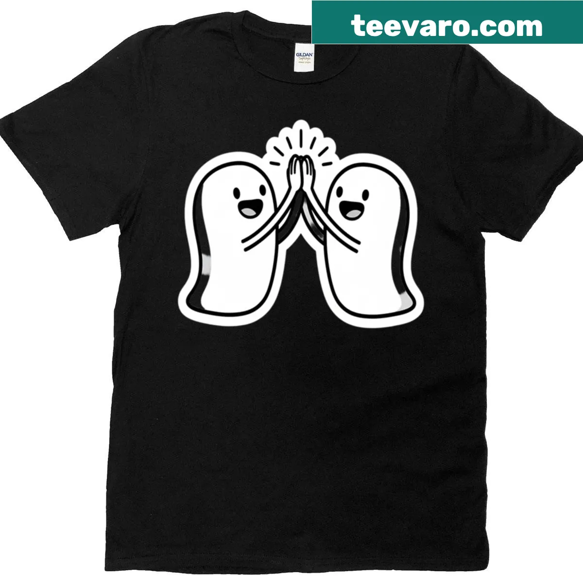 Doodle sticker T-shirt featuring a cheerful high-five design — on a men's t-shirt