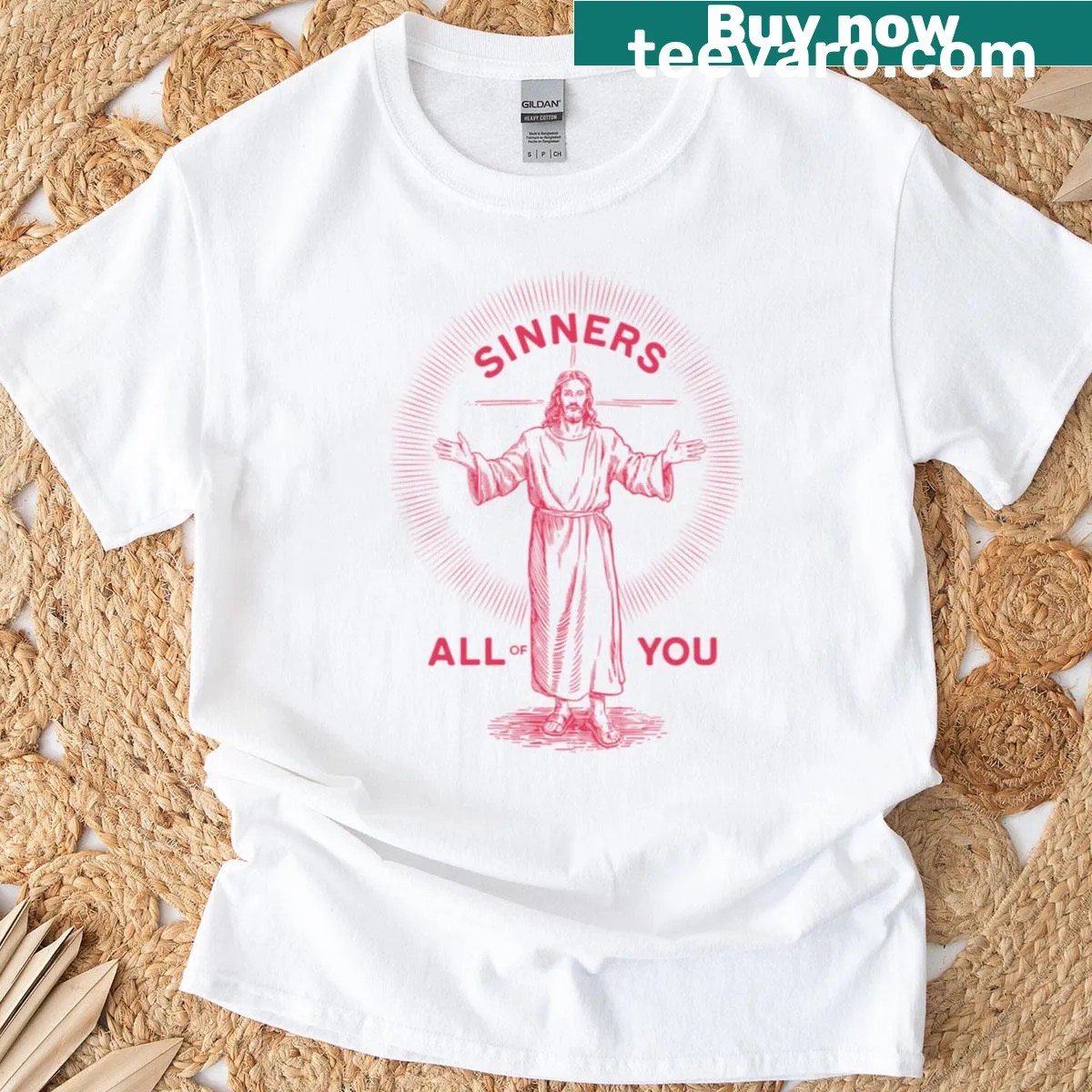Oversized T-shirt featuring a sarcastic Jesus meme — on a men's t-shirt