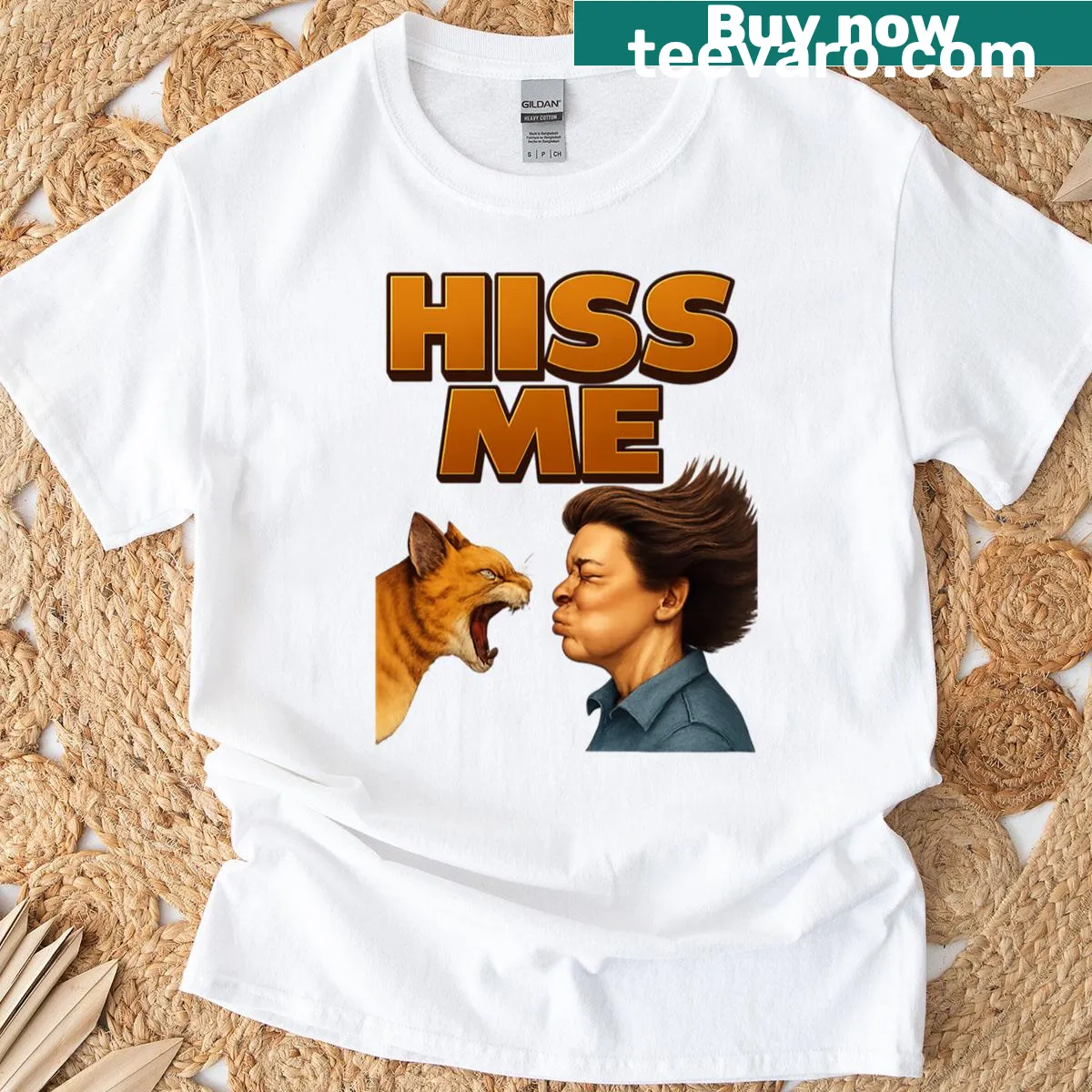 T-shirt with humorous 'Hiss Me' text, perfect for cat lovers — on a men's t-shirt