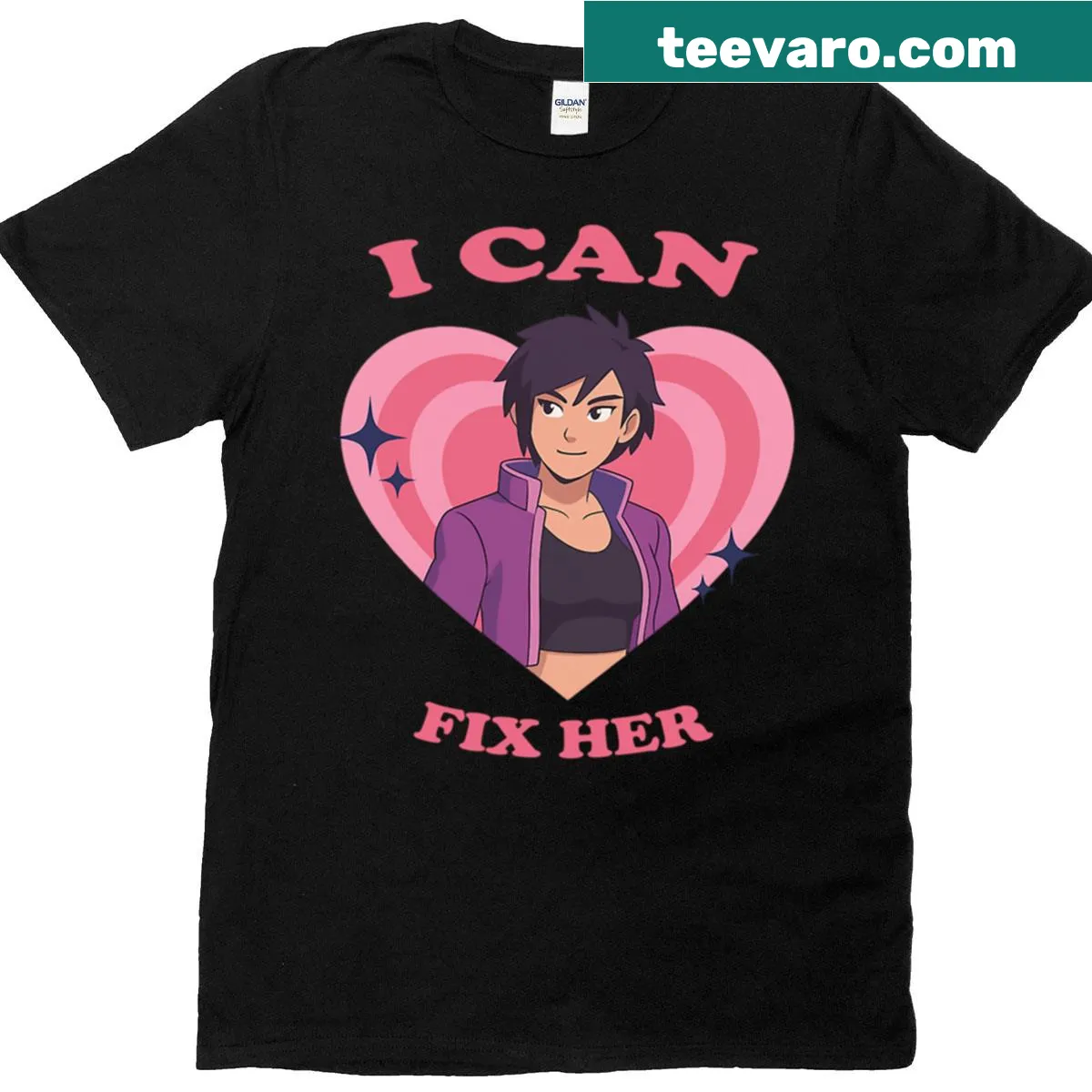 Funny anime-style T-shirt with pink heart graphic — on a men's t-shirt