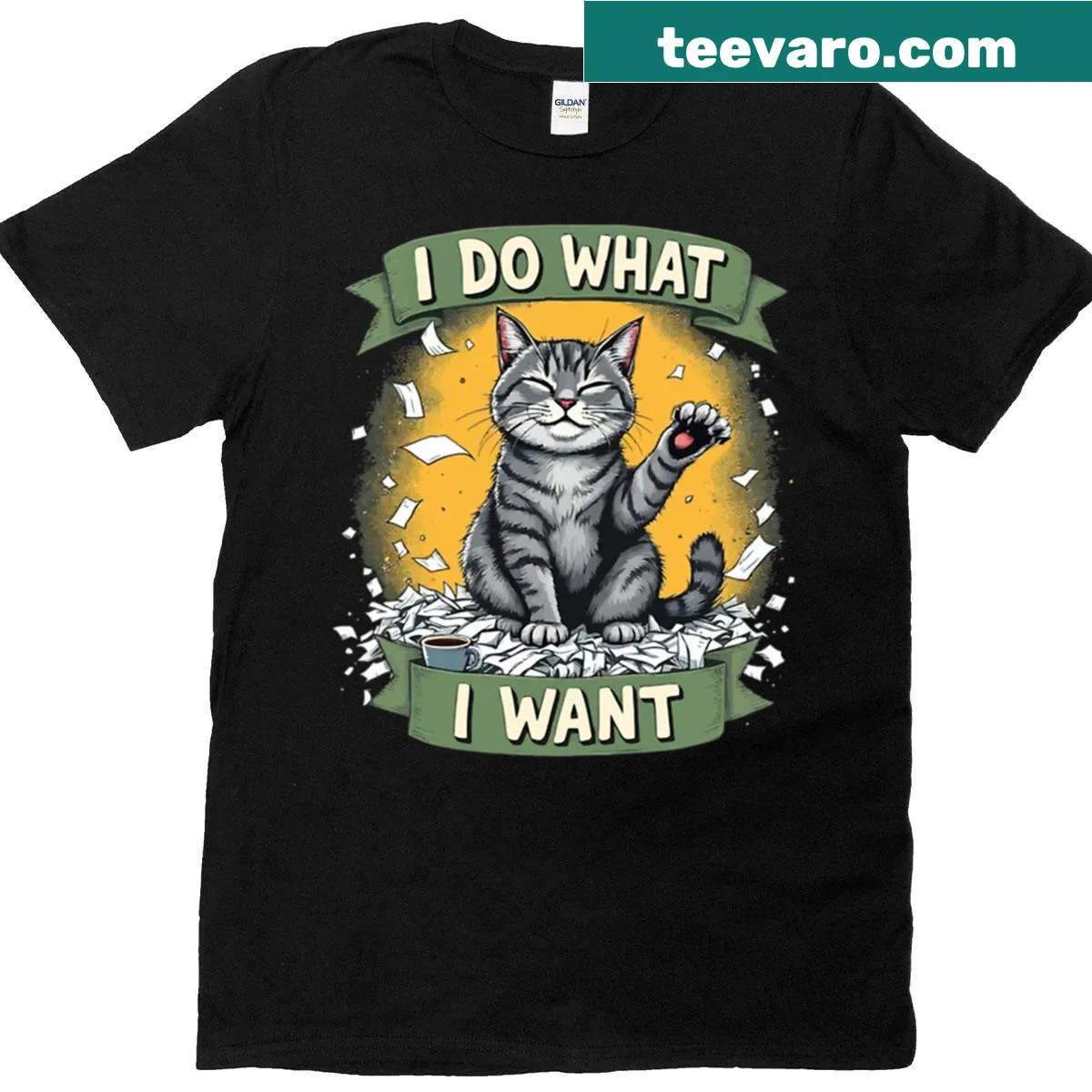 Sarcastic tabby cat shirt with the phrase 'I Do What I Want' — on a men's t-shirt
