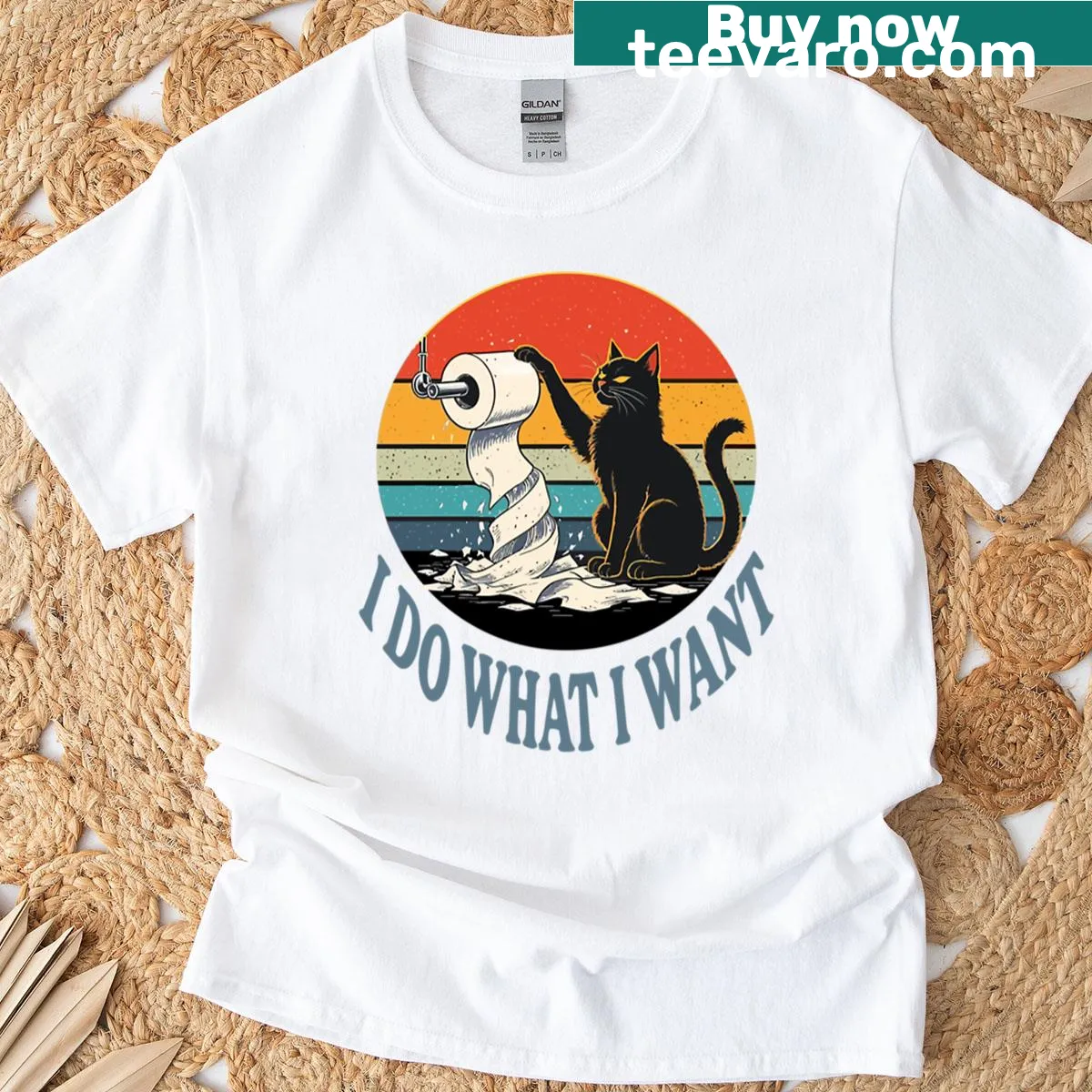 Retro T-shirt featuring funny black cat graphic and text — on a men's t-shirt