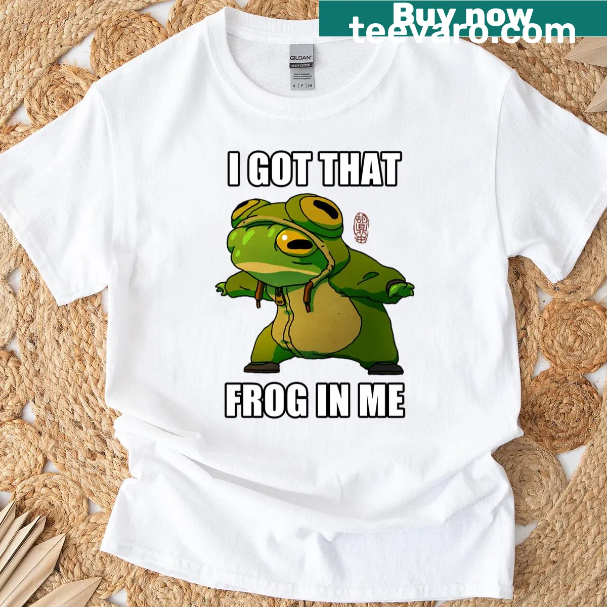 Funny T-shirt with cartoon frog meme graphic — on a men's t-shirt