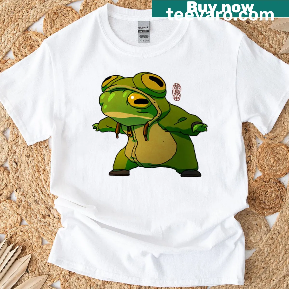 Oversized T-shirt with a funny frog graphic, no text — on a men's t-shirt