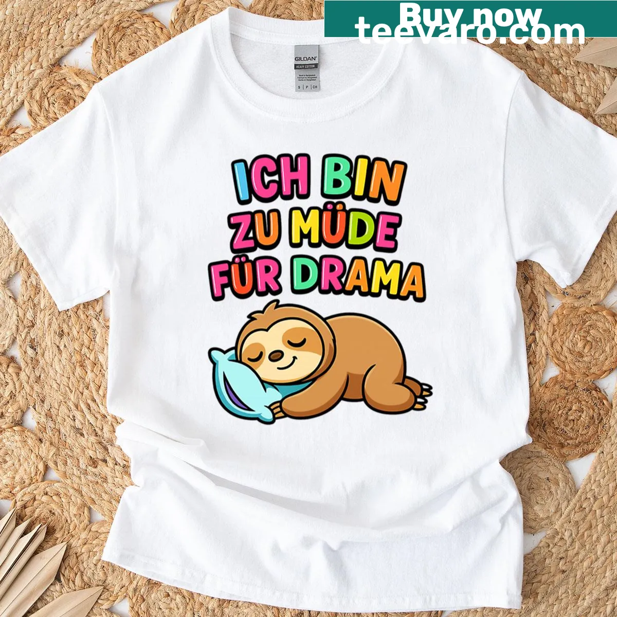 Funny oversized T-shirt with a sloth design saying about drama — on a men's t-shirt