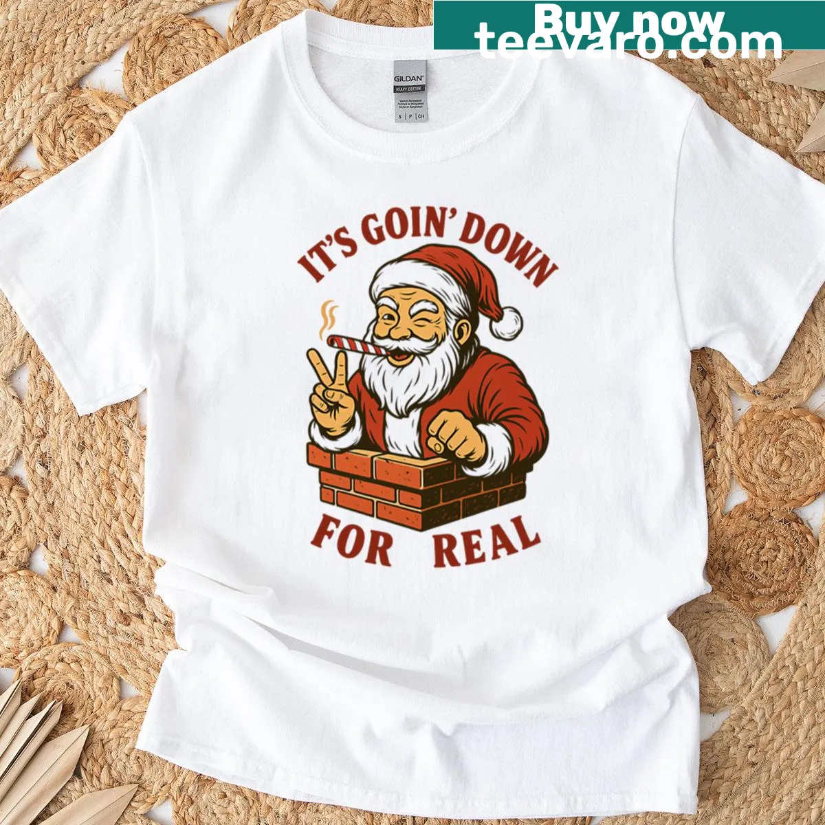 Funny Santa-themed oversized Christmas t-shirt — on a men's t-shirt