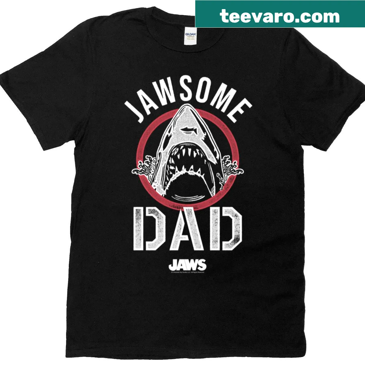 Vintage Jaws Father's Day t-shirt with Jawsome Dad text — on a men's t-shirt