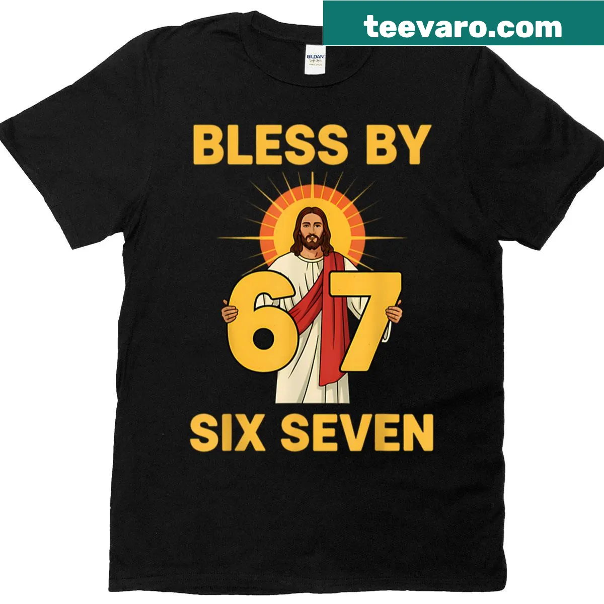 T-shirt featuring the phrase 'Jesus 67 Blessed By 6 7' in a modern design. — on a men's t-shirt