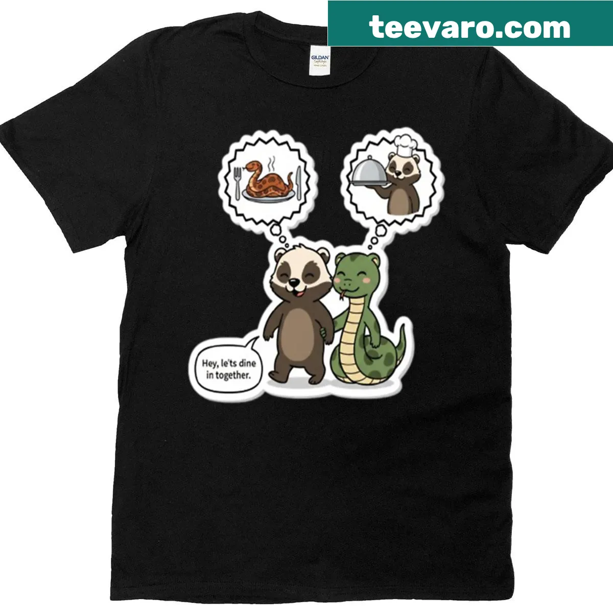 Funny cartoon mongoose and snake graphic on a T-shirt — on a men's t-shirt