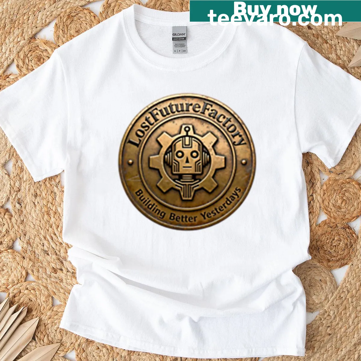 Vintage-style sci-fi logo t-shirt featuring the Lostfuturefactory emblem — on a men's t-shirt