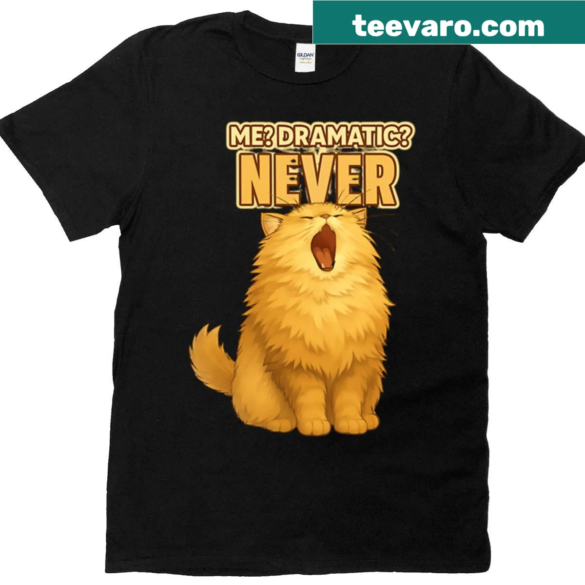 Oversized T-shirt with a fluffy yawning cat illustration and funny text — on a men's t-shirt