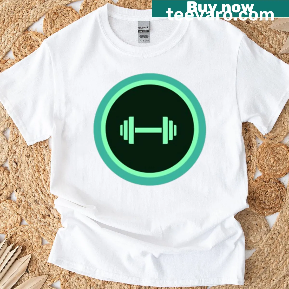 Minimalist dumbbell icon T-shirt for fitness motivation — on a men's t-shirt