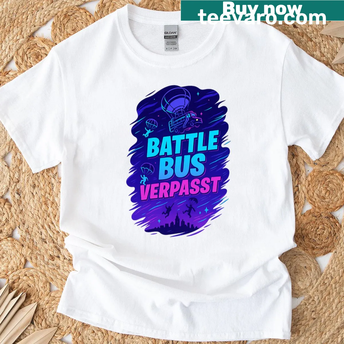 Oversized T-shirt with a fun gaming design about missing the Battle Bus — on a men's t-shirt