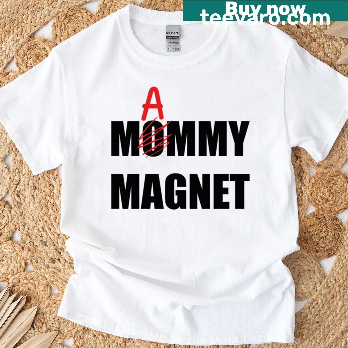 Playful Mommy Magnet T-shirt with whimsical typography — on a men's t-shirt