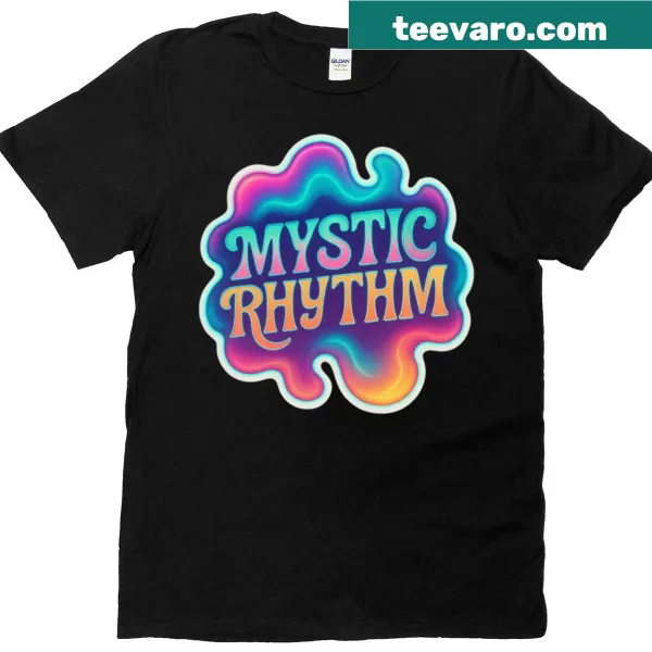 Psychedelic logo graphic on a T-shirt from Mystic Rhythm