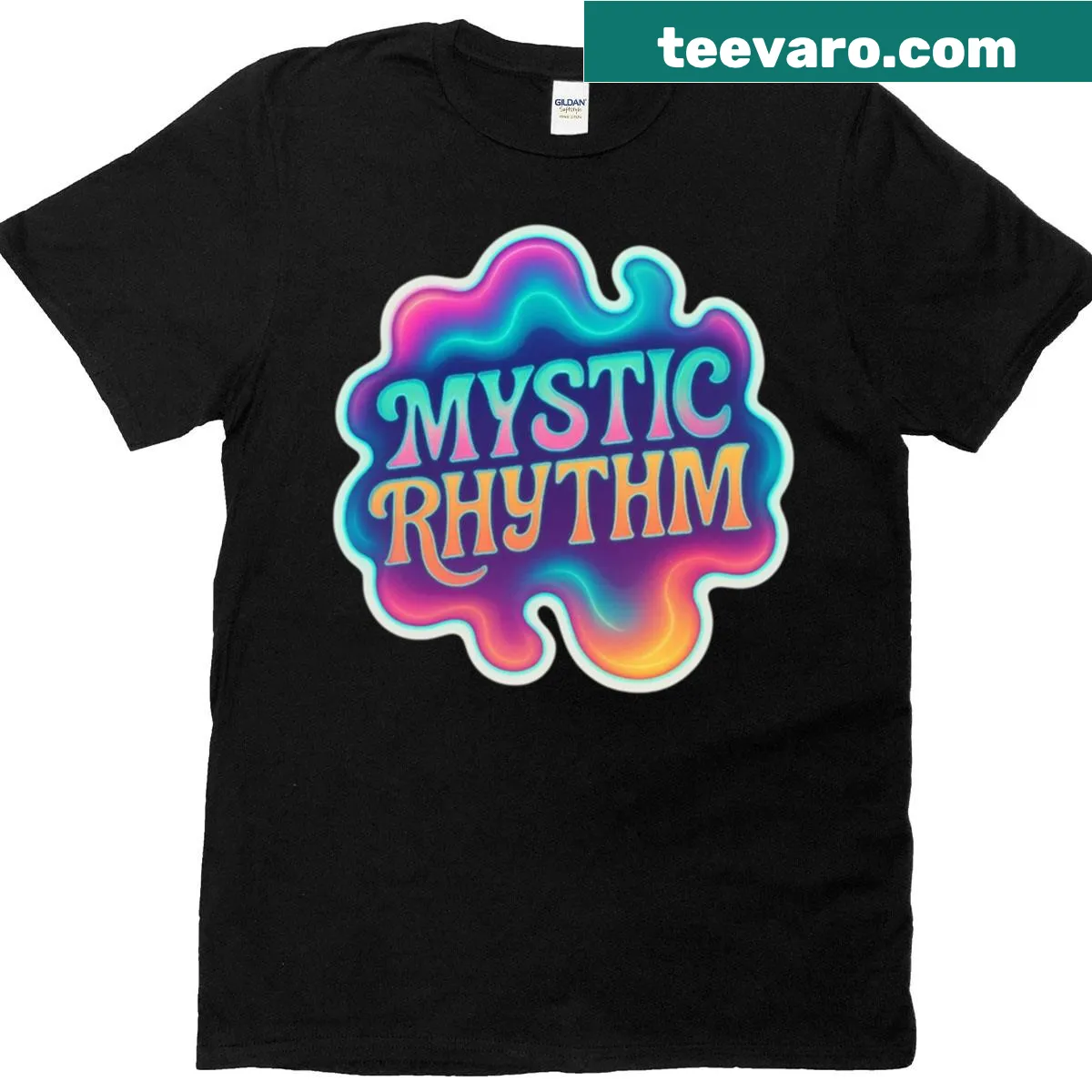 Psychedelic logo graphic on a T-shirt from Mystic Rhythm — on a men's t-shirt