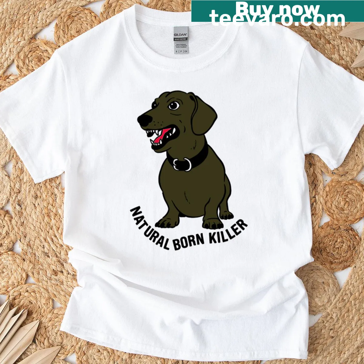 Funny cartoon dachshund graphic on a T-shirt — on a men's t-shirt